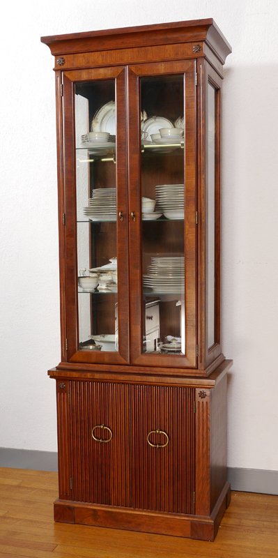 FOSTER MCDAVID SLIM CHINA DISPLAY CABINET: FOSTER MCDAVID SLIM CHINA DISPLAY CABINET: Top with beveled glass front doors and sides, 3 glass shelves. Base with 2 fluted wood doors, overall measures 76'' h. x 26 3/4'' x 16''.