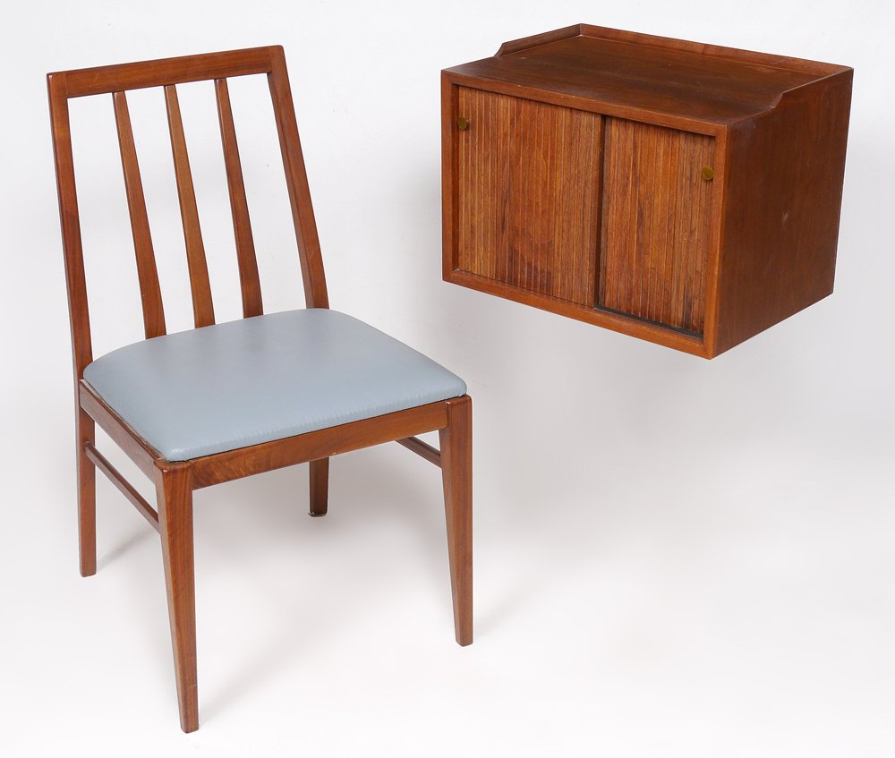 FOSTER MCDAVID WALL PHONE CABINET & CHAIR: FOSTER MCDAVID WALL PHONE CABINET & CHAIR: Manufactured by Tampa designer Foster McDavid, 2 pieces to include 1) Wall cabinet with 2 sliding doors, 14 1/4'' h. x 20'' x 14''. 2) Chair with grey leathe