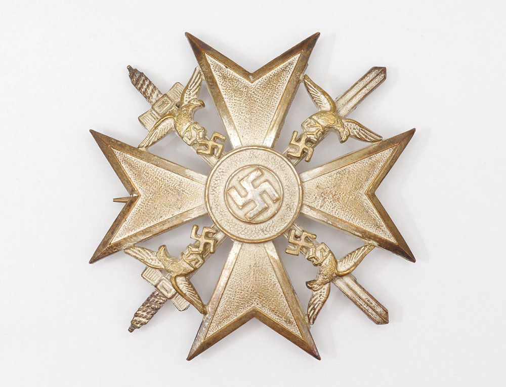 GERMAN CONDOR LEGION SILVER SPANISH CROSS: GERMAN CONDOR LEGION SILVER SPANISH CROSS: Pre WWII German silvered Maltese cross with crossed swords, eagles and emblem, for service with the Condor Legion in the Spanish Civil War. Impressed mark L/