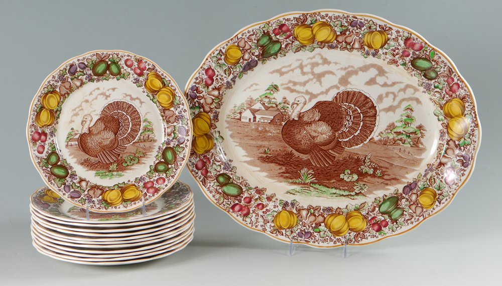 BARKER BROS. TURKEY PLATTER & 12 PLATES: BARKER BROTHERS TURKEY PLATTER & 12 PLATES: Old English earthenware 20" platter and 12 plates, 11". Transfer design of turkey framed by a border of autumn harvest.