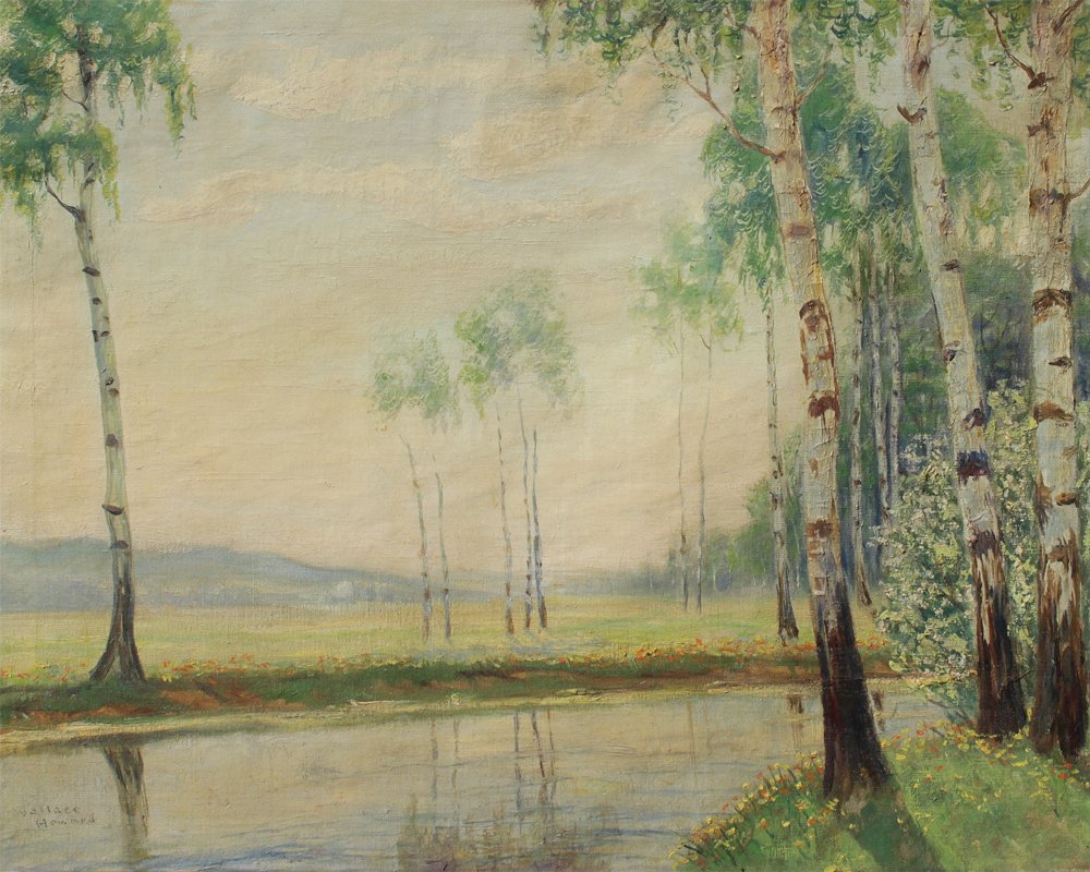 WALLACE HOWARD TREE LINED RIVER LANDSCAPE PAINTING: HOWARD, Wallace Edgar, (American, 1882-1959): Tree Lined River Landscape, Oil/Canvas, 24" x 30", signed lower left, framed 30" x 36".