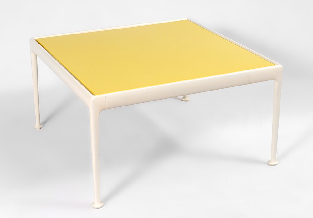 RICHARD SCHULTZ FOR KNOLL OUTDOOR PATIO TABLE: RICHARD SCHULTZ FOR KNOLL OUTDOOR PATIO TABLE: Enameled yellow steel top, white coated frame. Overall measures 18 1/2" h. x 27 3/4" x 27 3/4".