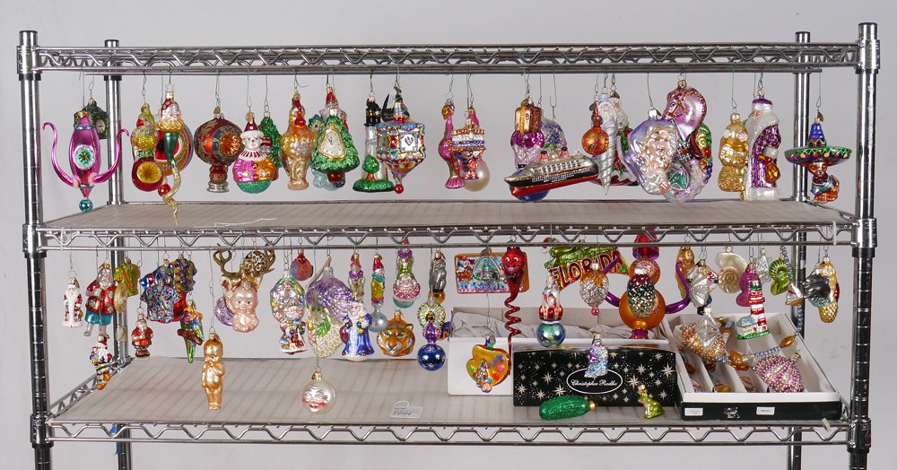 LOT OF CHRISTOPHER RADKO CHRISTMAS ORNAMENTS: ESTATE LOT OF CHRISTOPHER RADKO CHRISTMAS ORNAMENTS: Approx. 80 pieces, assorted themes, mostly Radko, definitely one from different designer. Three boxes. No problems noted but sold as is and as a lo