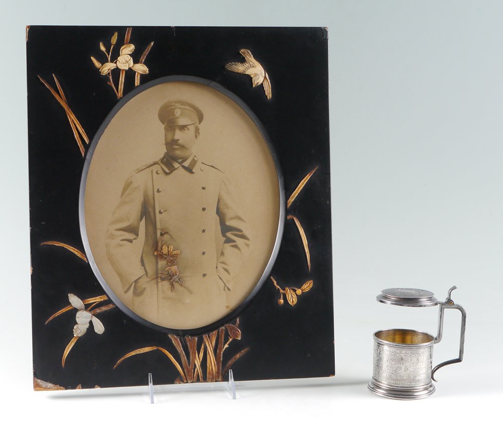 IMPERIAL RUSSIAN SILVER TANKARD & PORTRAIT: IMPERIAL RUSSIAN SILVER TANKARD & PORTRAIT: 2 pieces total to include 1) Gustav Klingert, Moscow, 1889 silver tankard with hinged lid, engraved floral decoration and dedications. Missing original glas