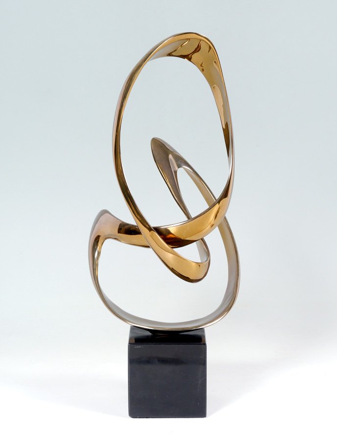 TOM BENNETT ABSTRACT BRONZE - PASSAGES IN TIME: BENNETT, Tom, (American, 1928- ): "Passages in Time", Bronze, sculpture approx. 8.75" x 8.75" and 20.25"h including black plinth, signed and numbered 86/150 on bronze under lower swirl.
