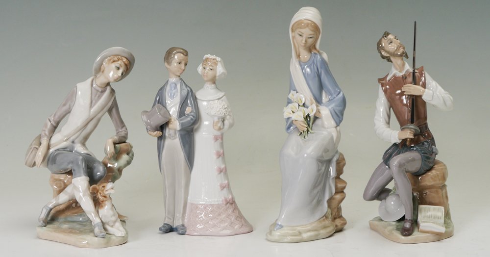 ESTATE LLADRO FIGURES 4 pc incl DON QUIXOTE & WEDDING: LLADRO PORCELAIN FIGURINES: 4 piece lot to include, 1) SHEPHERD #4659, Vincente Martinez sculptor, issued 1969 retired 1985, glazed finish, 7.5"h.; 2) WEDDING #4808, Julio Fernandez sculptor, issued 1