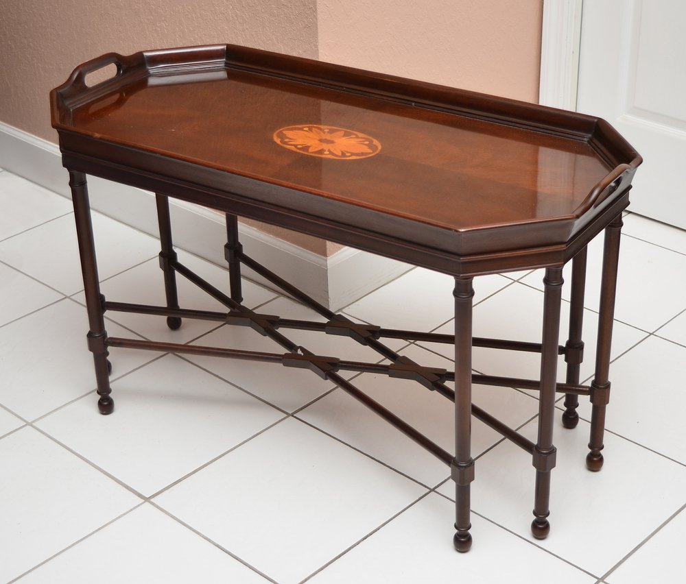 DREXEL 18TH CENTURY TRAY TABLE: DREXEL 18TH CENTURY TRAY TABLE: Inlaid floral medallion on double handle affixed top. Turned legs and stretchers. Marked on base "18th Century by Drexel", 22 3/4" h. x 38 1/2" x 18".