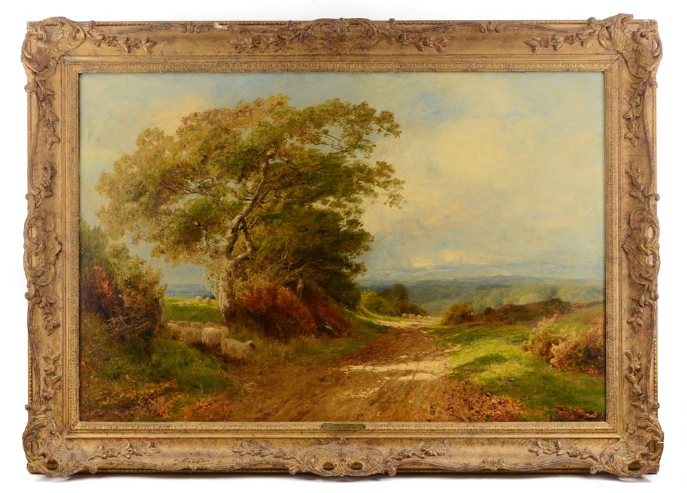 JOHN CLAYTON ADAMS PAINTING ''EWHURST HILL, SURREY'': ADAMS, John Clayton (British, 1840-1906): ''Ewhurst Hill, Surrey'', Oil/Canvas, 24'' x 36'', signed lower right, dated 1901, old label affixed verso, encased in a pierce carved and gilded frame 31'' x