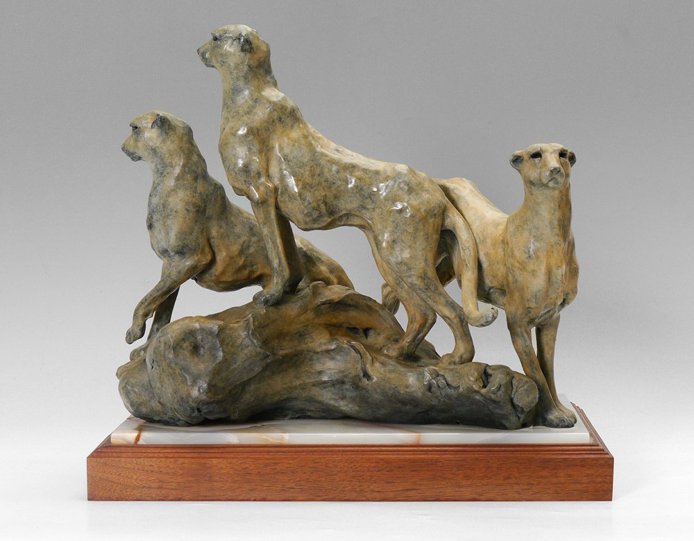 SHERRY SANDER BRONZE ''CHEETAHS BY THE GWAI'': SANDER, Sherry Salari, (American, 1941- ): "Cheetahs by the Gwai", Patinated Bronze, 15" h. x 17" w. x 13" d., signed and dated '90, #'d 12/35, affixed to a custom onyx and beveled walnut gold plinth,