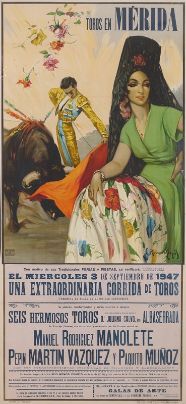 1947 MANOLETE TOROS EN MERIDA BULLFIGHT POSTER: 1947 MANOLETE TOROS EN MERIDA BULLFIGHT POSTER: Large poster previewing a bullfight to occur on Wednesday September 3rd 1947 featuring the most famous bullfighter at the time Manuel Laureano Rodriguez