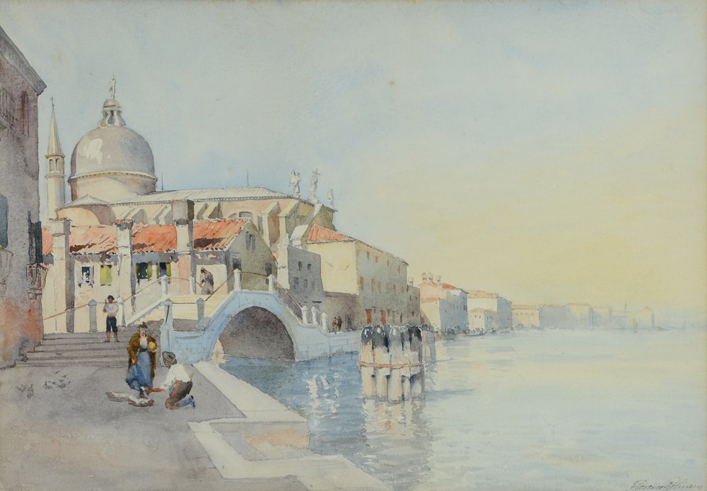 FLORENCE ROBINSON VENICE WATERCOLOR PAINTING: ROBINSON, Florence Vincent, (American, 1874-1937): Grand Canal, Venice, Watercolor, sight size 14 1/2" x 20 3/4", signed lower right, period gilded gesso frame, 24 1/2" x 32".