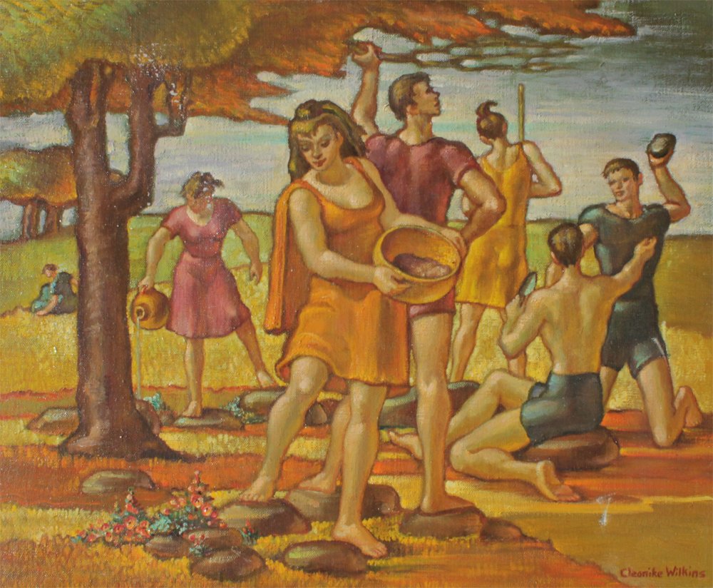 CLEO WILKINS WPA STYLE PAINTING "THE ROCK GARDEN": WILKINS, Cleo, (American, 1895-1979): "The Rock Garden", WPA Style Scene with Figures, Oil/Canvas, 16" x 20", signed lower left, encased in period and gilded and carved gesso frame 22" x 26 1/8", ther
