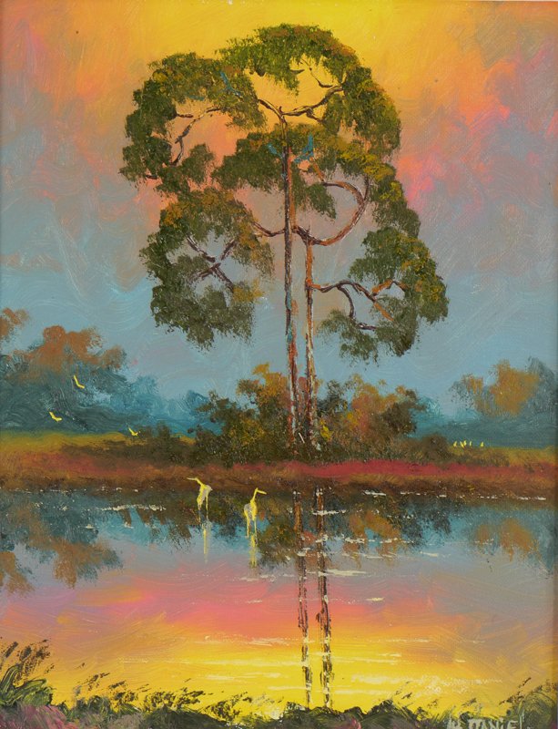 WILLIE DANIELS FLORIDA HIGHWAYMEN PAINTING: DANIELS, Willie, (American, 20th Century): Vibrant Florida Highwaymen backwaters scene with pine trees and birds, Oil/Board, signed lower right, 14'' x 11'', framed 15 3/4'' x 12 3/4''.