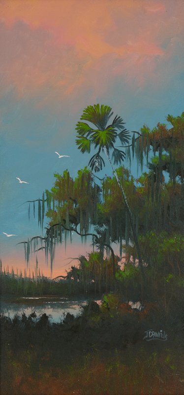 JOHNNY DANIELS FLORIDA HIGHWAYMEN PAINTING: DANIELS, Johnny, (American, 20th Century): Florida Highwaymen backwaters sunset with palm trees and birds in flight, Oil/Masonite, signed lower right, 24'' h. x 12'', framed 27 3/4'' x 15 3/4''.
