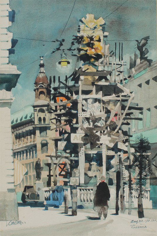 DONG KINGMAN VIENNA WATERCOLOR PAINTING: KINGMAN, Dong, (Chinese, 1911-2000): ''Vienna'', Monument of the Platz Sculpture, Watercolor, Sight size 21 3/4'' x 15'', signed lower left, dated August 22, 1954, titled ''Vienna'', framed 31 1/2'' x