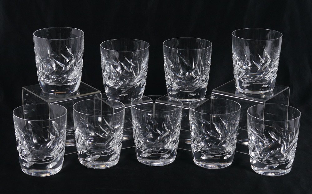 9 LALIQUE CRYSTAL ROCKS TUMBLERS: 9 LALIQUE FRENCH CRYSTAL ROCKS TUMBLERS: Set of 9, signed in script ''Lalique France'', measure 4'' tall.