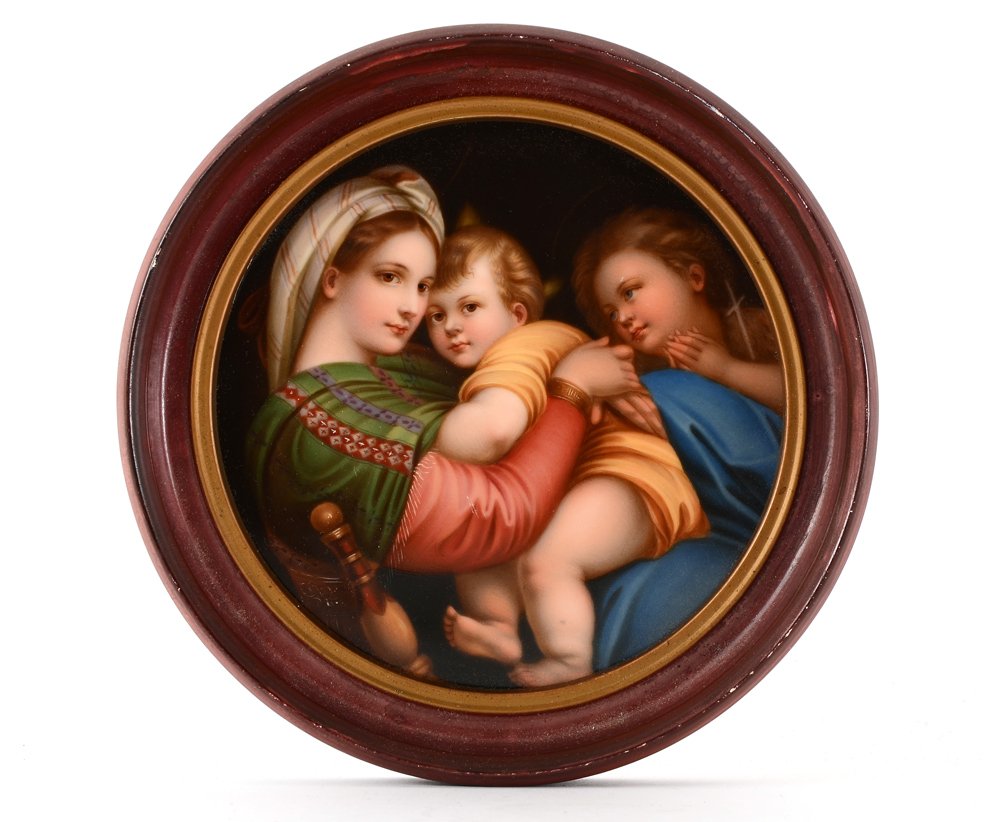 MINIATURE PAINTING ON PORCELAIN AFTER RAPHAEL: MINIATURE PAINTING ON PORCELAIN AFTER RAPHAEL'S MADONNA: 6" Diameter, framed, 7".
