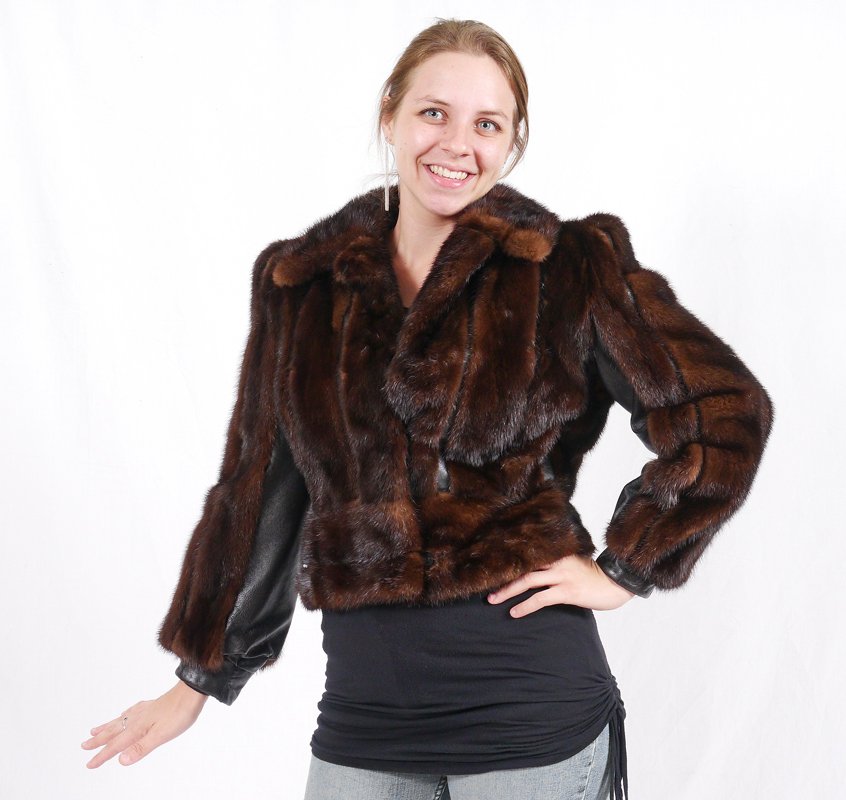 CUSTOM MINK FUR JACKET: CUSTOM MINK FUR JACKET: Custom made bomber style jacket of brown mink and black leather. Harry Musin label. Small size measures 20" collar to hem, 22" shoulder, and 18" shoulder to shoulder.