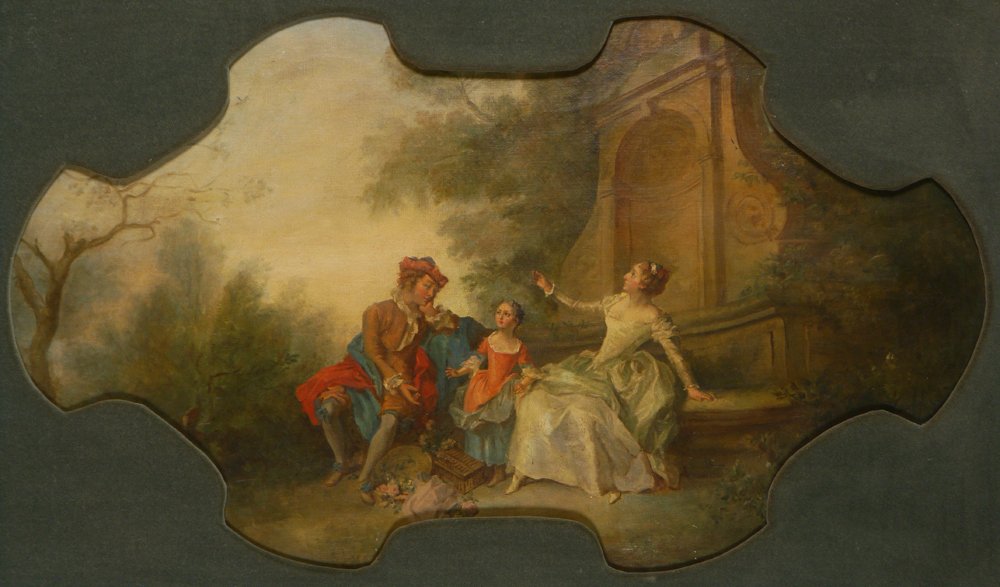COURTING SCENE PAINTING: EARLY GENRE SCENE PAINTING: Probably late 18th or early 19th C. Oil/Canvas, unusual shaped "puzzle piece" stretcher, 22 1/2" x 37 3/4", possible illegible signature, framed, 28" x 43 1/2".