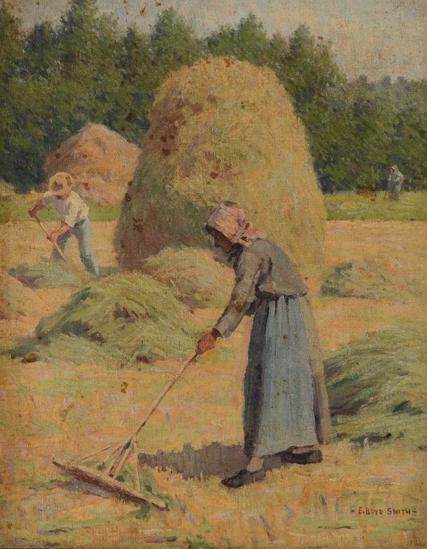 E BOYD SMITH HAYSTACK PAINTING: SMITH, Elmer Boyd, (Canadian-American, 1860-1943): Workers in a Hayfield, Oil/Canvas mounted to Masonite, 15 1/2" x 12 1/2", signed lower right, gilded frame 18" x 15".