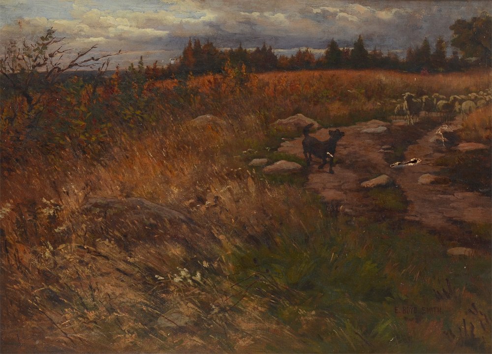 E. BOYD SMITH PAINTING FLOCK OF SHEEP: SMITH, Elmer Boyd, (Canadian-American, 1860-1943): Autumnal Pastoral Landscape with a Dog & a Flock of Sheep in a Trail, Oil/Canvas, 22" x 30", signed lower right, gilded gesso frame 25 1/2" x 33 1/2"