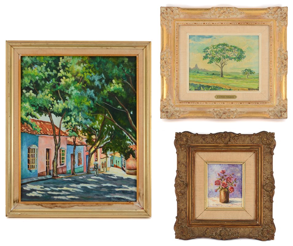 M. SERRANO FERNANDEZ 3 PIECE ART WORKS LOT: 3 VENEZUELAN ARTWORKS: 1) Landscape "Paisaje de la Guarico", Oil/Canvasboard, 8" x 10", signed lower right Serrano, by M. Serrano Fernandez, custom frame 14 1/2" x 16 3/4"; 2)"Calle Guamacho la Guaira