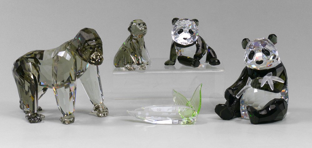 SWAROVSKI SERIES 2008 PANDAS 2009 GORILLAS: SWAROVSKI CRYSTAL ENDANGERED WILDLIFE FIGURINES: 1) 2008 PANDAS #9100 000 086, Heinz Tabertshofer designer, retired Dec 2008. 2) 2009 GORILLAS #9100 000 117, Anton Hirzinger designer, retired Dec 2009