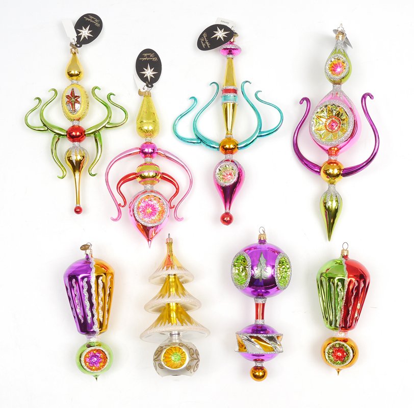 CHRISTOPHER RADKO PREMIER ORNAMENTS: CHRISTOPHER RADKO PREMIER ORNAMENTS: 8 piece collection, 1) "Jule's Yules" 12"; 2) "Star Charmer" 10"; 3) "Fiore Holiday" 10"; 4) "Venetian Wonder" 12"; 5) Purple double bulb with painted fur tree des