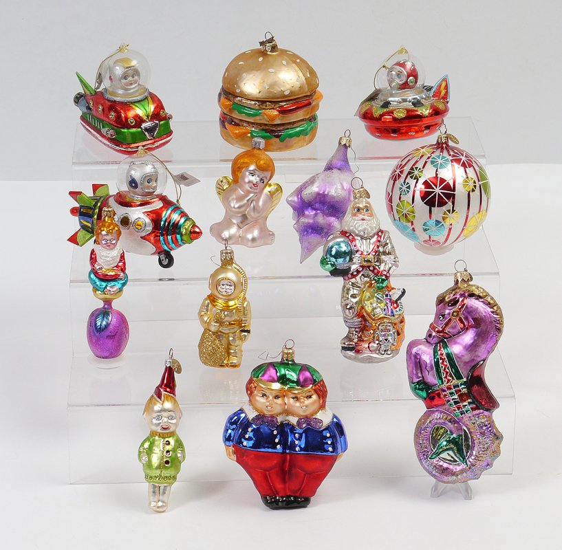 13 CHRISTMAS ORNAMENTS RADKO PLUS: ESTATE LOT OF 13 CHRISTMAS ORNAMENTS: To include, Christopher Radko, with and without tags; Seasons of Cannonfalls space cars; and a Double Cheeseburger with a Butterfly 2003 tag.