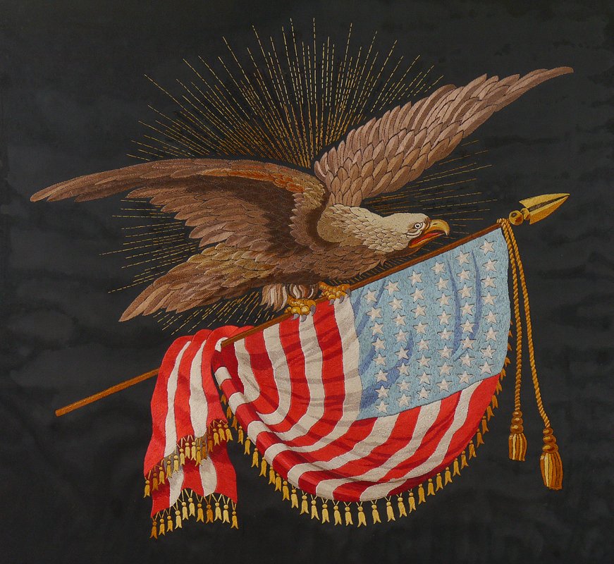 CHINESE EXPORT SILK EAGLE PATRIOTIC EMBROIDERY: CHINESE EXPORT SILK EAGLE PATRIOTIC EMBROIDERY: Turn of the century, eagle in flight gripping a 48 star flag attached to a flag pole, rays of light emanating from behind the eagle. Sight size 21" x 22