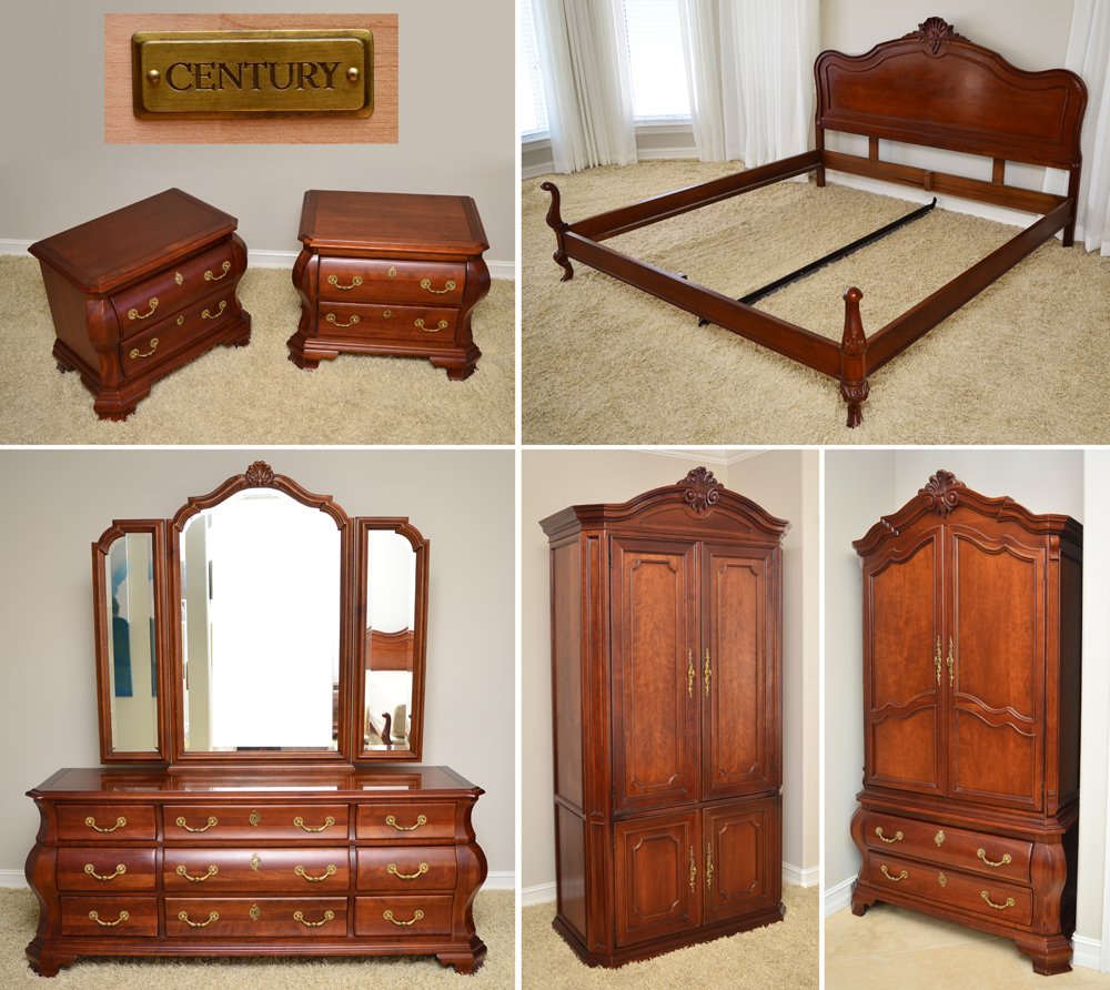 CENTURY 6 PIECE BOMBAY BEDROOM SET: 6 PIECE CENTURY FURNITURE BEDROOM SUITE: Mahogany suite to include king size bed (54 1/2" x 80" x 1 3/4", foot board (24 1/2" h.), pair night stands with protective glass tops (25 1/2" h. x 33 1/2 x 1
