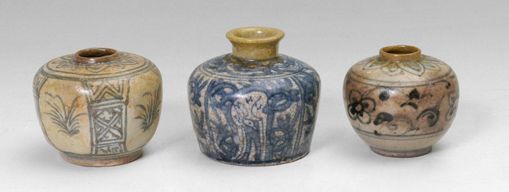 3 CHINESE EARTHERNWARE BOTTLES OR STORAGE JARS: 3 CHINESE EARTHERNWARE BOTTLES OR STORAGE JARS: 3 pieces total blue decorated Chinese or Korean jars to include 1) Stylized deer and foliate motif, 3 1/8" h. x 3 1/2". 2) Floral motif, 2 7/8" dia. 3)