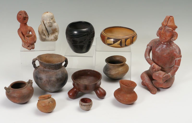 COLLECTION OF SOUTHWESTERN & PRE-COLUMBIAN POTTERY: COLLECTION OF SOUTHWESTERN & PRE-COLUMBIAN POTTERY: A large assortment of approx. 12 pottery vessels and effigies ranging from San Ildefonso black on black vase to large figural Mexican effigies to So