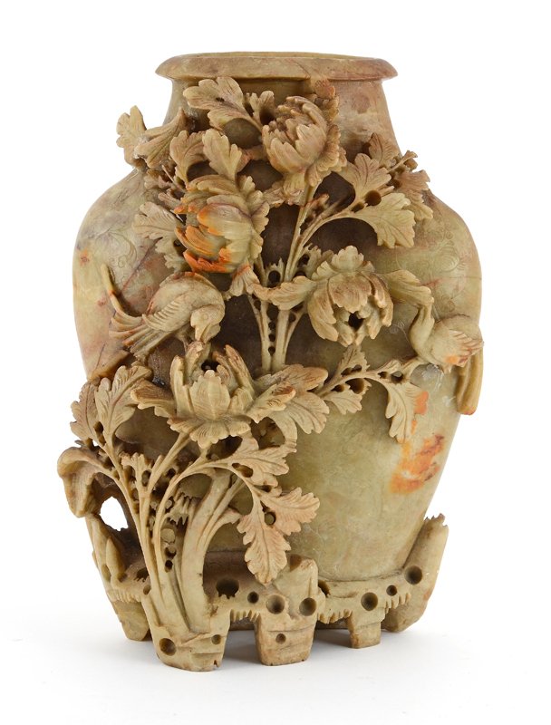 CARVED CHINESE SOAPSTONE VASE: CARVED CHINESE SOAPSTONE VASE: Carved with floral motifs, 9 1/2" x 7" x 3 3/4".