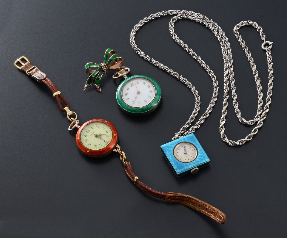 3 GUILLOCHE ENAMEL LADIES WATCHES: GROUP OF 3 GUILLOCHE ENAMEL WATCHES: 1) Square blue pendant case centering a plaque of marcasite, the dial identifies this watch as an Orator, mechanical movement is in working order, suspended from a
