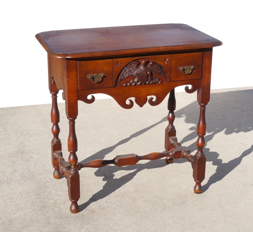 1929 BERKEY & GAY OLD IRONSIDES SIDE TABLE: 1929 BERKEY & GAY "OLD IRONSIDES" SIDE TABLE: Single drawer side table, only 100 of these were made. Plaque inside drawer certifies limited edition with relief carved American Eagle, hand carved from