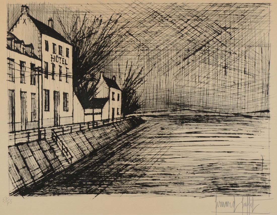 BERNARD BUFFET DRYPOINT ETCHING HOTEL AM KANAL: BUFFET, Bernard, (French, 1928-1999): ''Hotel Am Kanal'', Drypoint Etching, sight size 20 1/4'' x 26'', signed lower right, numbered lower left 57/75, fine frame, 29'' x 34''.