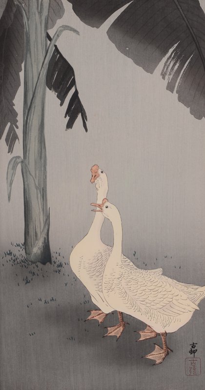 KOSON GEESE WOODBLOCK: KOSON OHARA, (Japanese, 1877-1945): 2 Geese, Woodblock, sight size 17" x 9", framed, 24" x 14 1/2".
