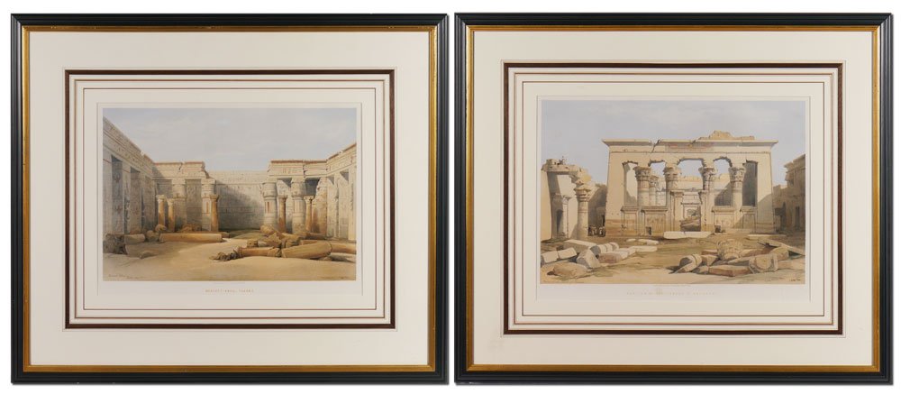 PAIR DAVID ROBERTS LITHOGRAPHS: PAIR DAVID ROBERTS LITHOGRAPHS: "Portico of the Temple of Kalabashi" and "Medinet Abouu, Thebes", overall size with matching custom frames, 28" x 33 1/2".