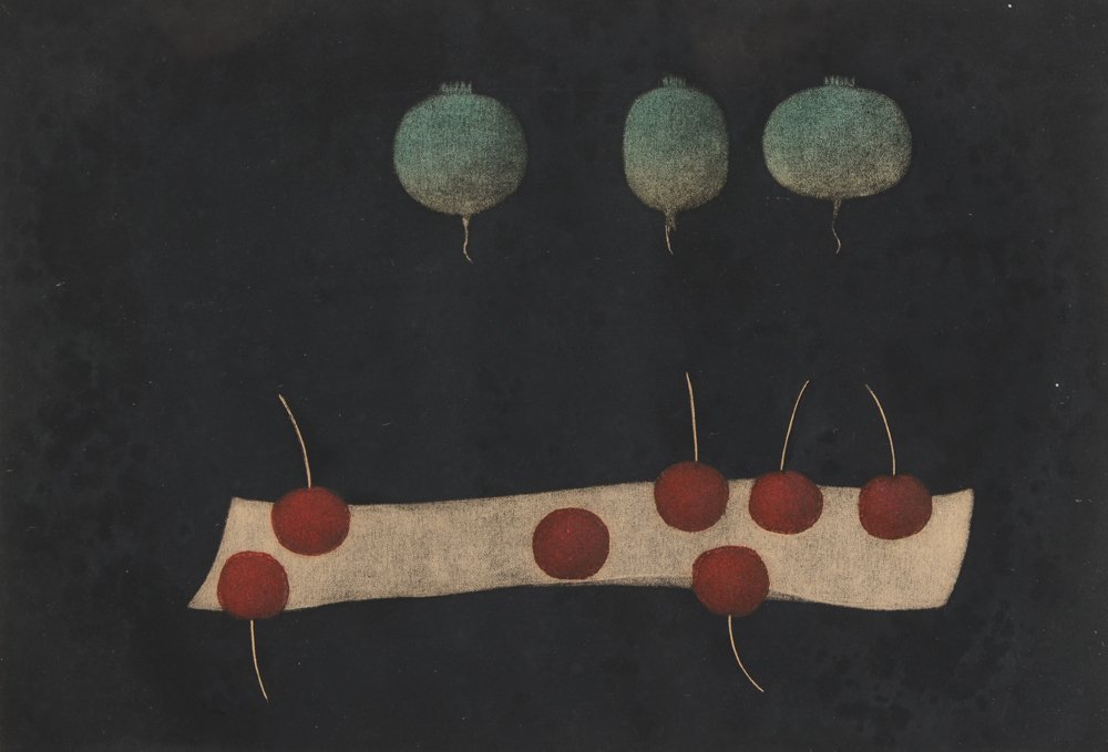TOMOE YOKOI CHERRY & RADISH PRINT: YOKOI, Tomoe, (Japanese, 1943- ): Cherry & Radish, Print, 9 1/2'' x 13 3/8'', framed 17 1/4'' x 21 1/4''.