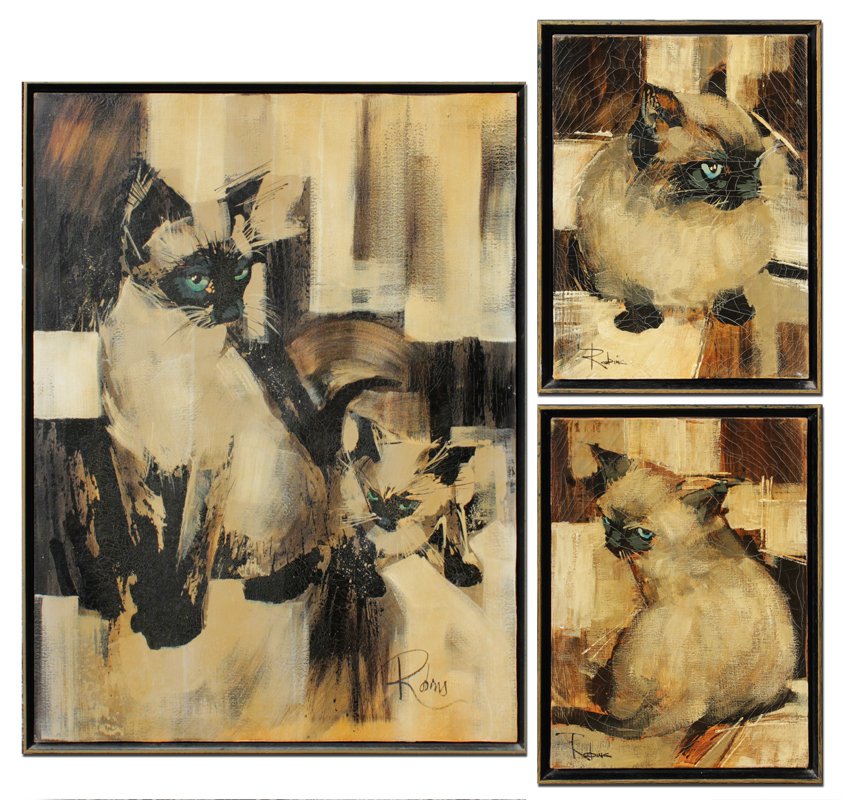 3 PIECE MODERNIST SIAMESE CAT PAINTINGS: 3 PIECE MODERNIST SIAMESE CAT PAINTINGS: Oils/Canvas, largest being 40" x 30", two smaller ones measure 16" x 12", all signed Robbins, encased in matching painted gold and black frames, the largest fr