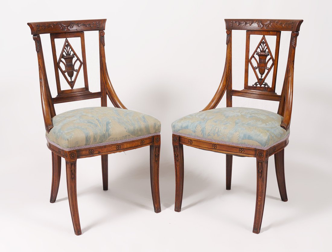 PAIR NEO-CLASSICAL FRENCH STYLE PARLOR CHAIRS: PAIR NEO-CLASSICAL FRENCH STYLE PARLOR CHAIRS: Carved top rail with urn and vine motif, open work backsplat with urn and floral decoration. Apron and joints with rosettes. shaped tapered legs. Floral 