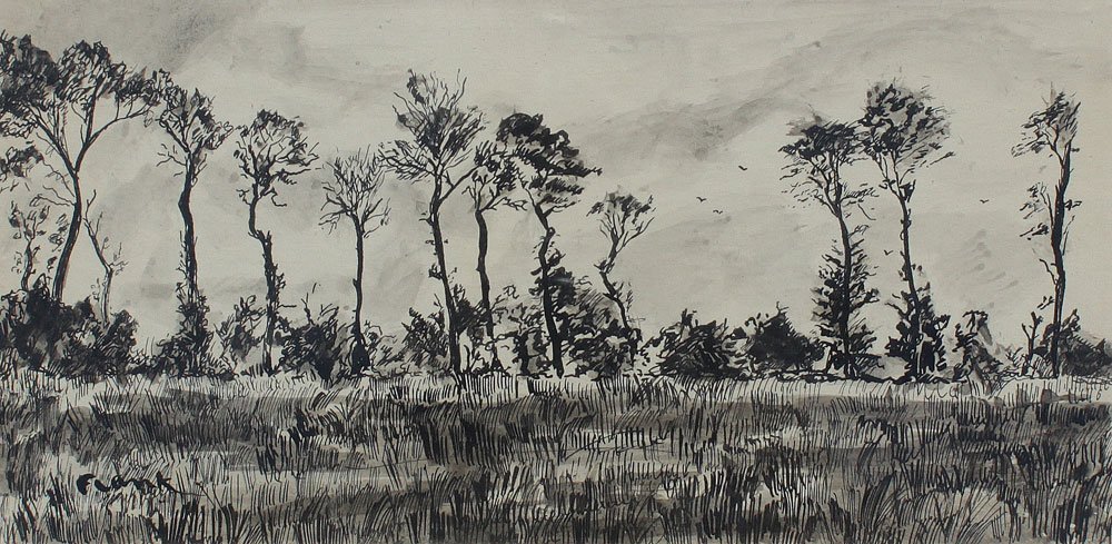 JACQUES FRANCK LANDSCAPE DRAWING 1955: FRANCK, Albert Jacques, (Canadian, 1899-1973): Meadow Landscape with Trees, Pen/Ink, 6" x 12", signed lower left on drawing, also dedicated, signed and dated on the mat, framed, 14" x 19 1/2".