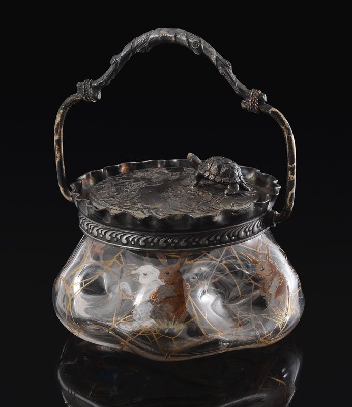MT WASHINGTON NAPOLI MARMALADE JAR: MT. WASHINGTON NAPOLI MARMALADE JAR: Enamel decorated glass jam pot with Palmer Cox Brownies and rabbits on a gold web design. Bottom of glass signed Napoli. The silver plate lid with flowers and a fi
