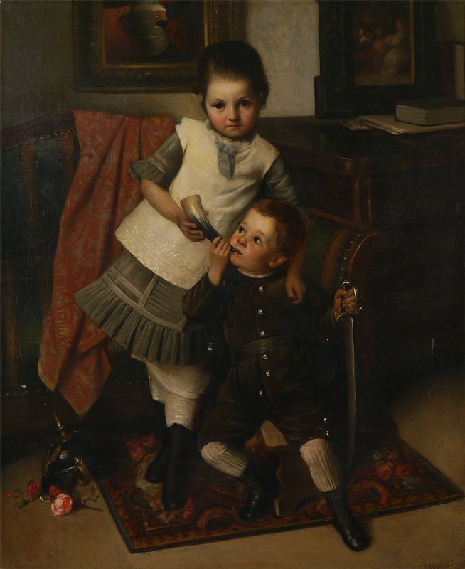 FRANZ NECHUTNY PAINTING OF TWO CHILDREN: NECHUTNY, Franz, (German, 19th Century): Brother and Sister in an interior, playing with grandfathers military items; sword, pickelhaube, and powder horn, Oil/Canvas mounted on board, 33" x 27 1/4", s