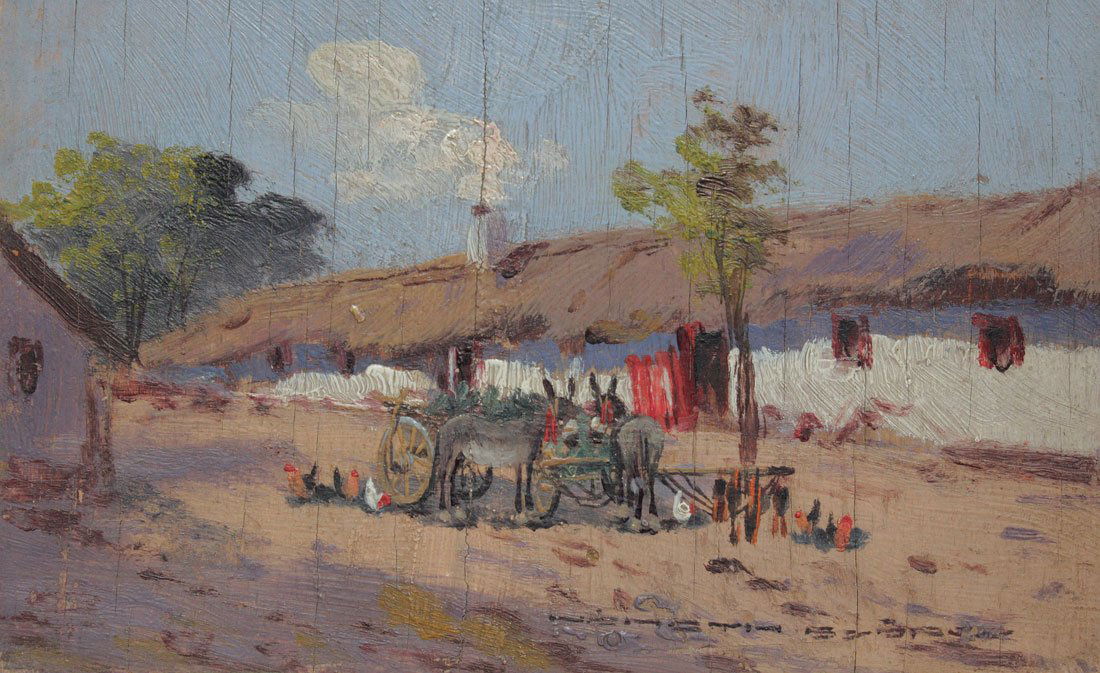 GYORGY NEMETH HUNGARIAN VILLAGE PAINTING: NEMETH, Gutahazi Gyorgy, (Hungarian, 1890 - 1962): Village Street Scene with Donkeys and Chickens, Oil/Board, 4 3/8'' x 6 3/4''. Primarily known as Nemethy Gutahazi Gyorgy, signed lower right Nemeth G