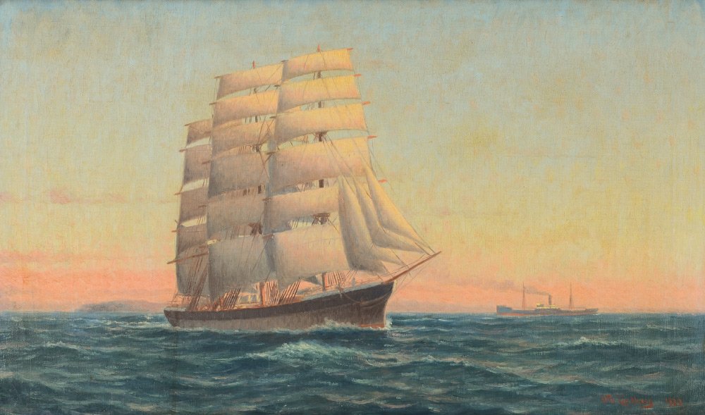 OTTO LINDBERG MARITIME PAINTING 1923: LINDBERG, Otto, (Swedish, 1880-1955): Maritime Scene with Clipper Ship and Steamship, Oil/Canvas, 14" x 23 1/4", signed lower right and dated 1923, framed, 17 1/2" x 27".