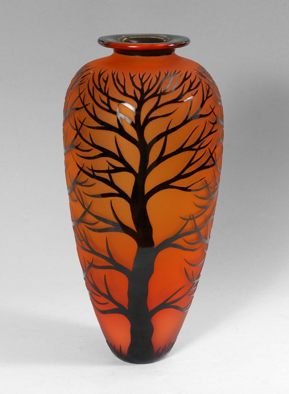 DUNCAN MCCLELLAN ART GLASS VASE: MCCLELLAN, Duncan, (American, 1955-): Studio baluster form art glass vase with flared rim, graduating orange ground frosted glass body with 3 tree motif. Signed at base, measures 18 1/2'' h. x 8 1/2''