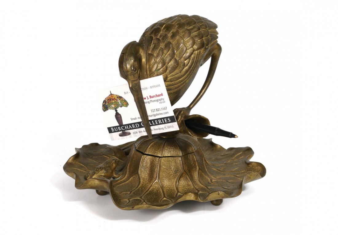 BRONZE FIGURAL HERON & FROG INKWELL: BRONZE FIGURAL HERON & FROG INKWELL: Swivel lid with figural heron on an open branch pen holder, articulated hinged mouth card holder. Lily pad base with seated frog, no visible markings. Original res