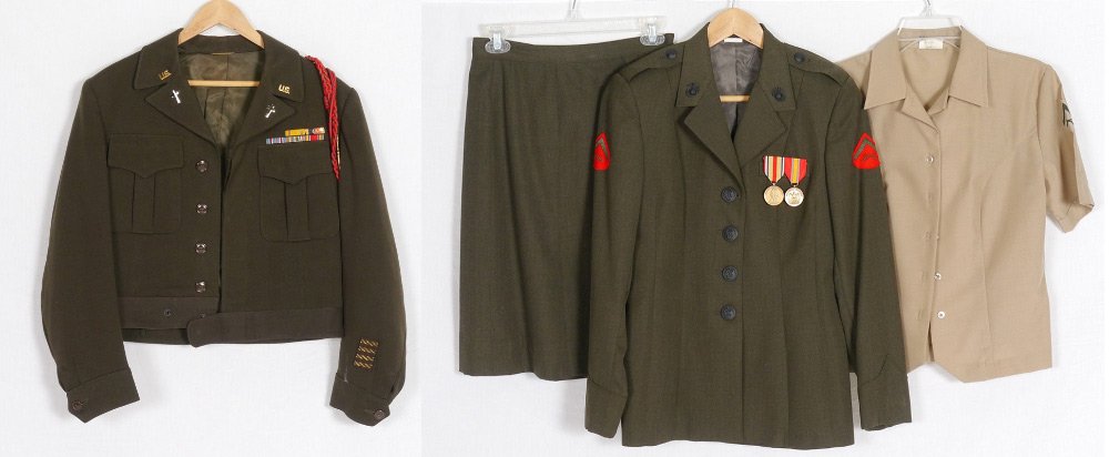 2 UNITED STATES MILITARY UNIFORMS: 2 UNITED STATES MILITARY UNIFORMS: To include 1) USMC Marines size 14R jacket with original insignias and decorations, size 14L skirt, 16R short sleeve shirt with rank. 2) US Army Chaplains Ike jacket